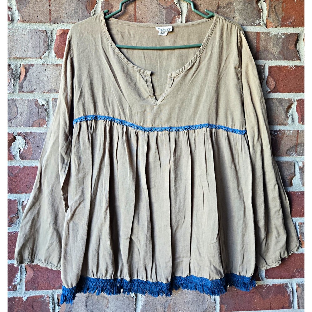Live Happy by Natural Life Womens S/M Olive 100% Cotton V-Neck Boho Flowy Blouse